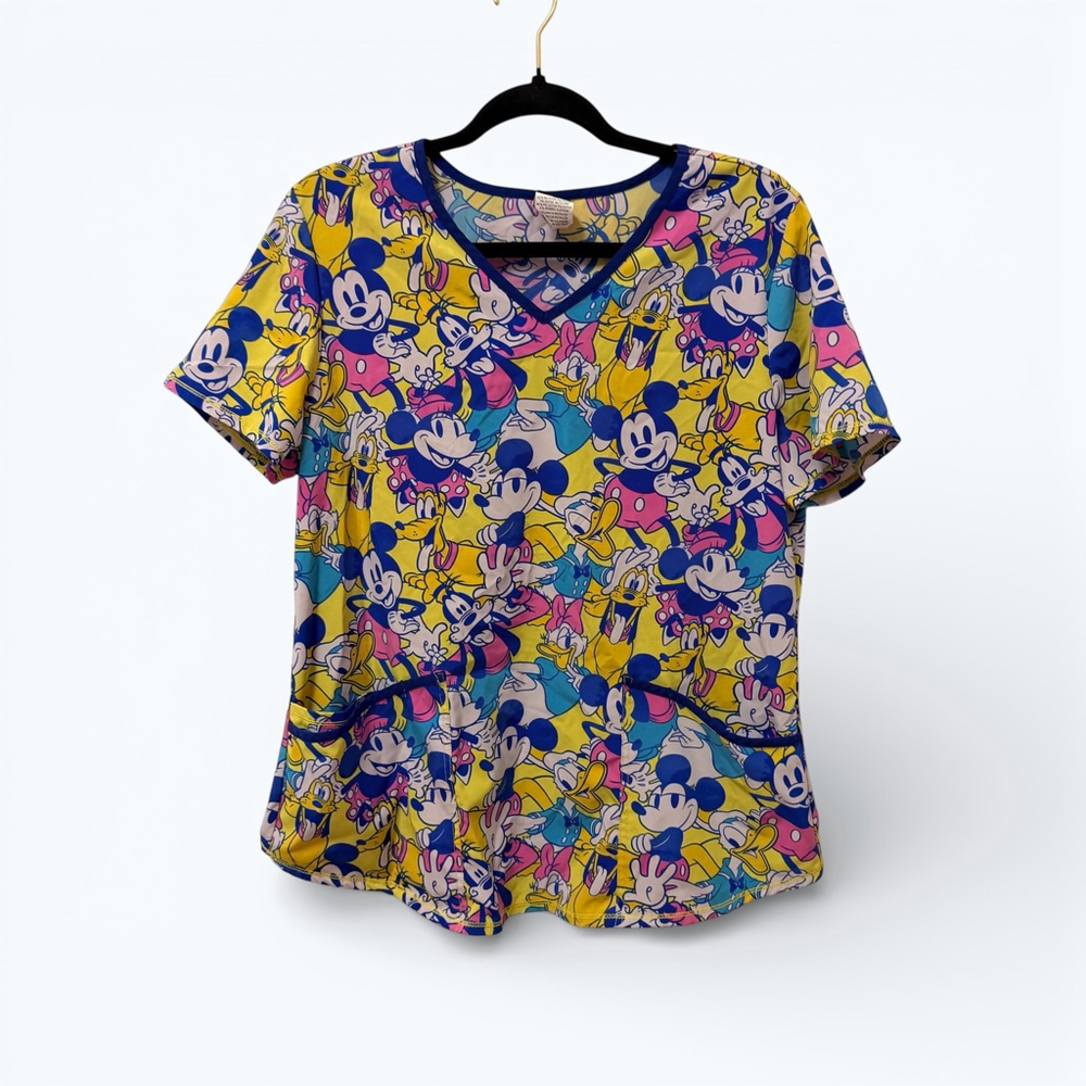 Disney Scrub Top Women’s M Mickey Minnie Pluto V-Neck Pockets Nurse Medical - Picture 11 of 13